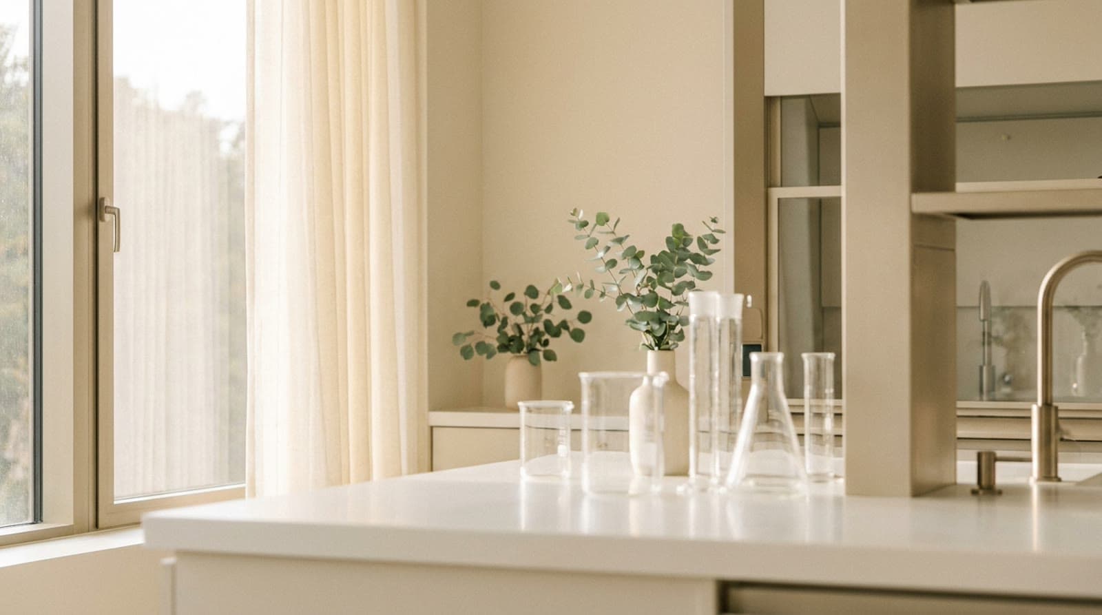 Minimal laboratory bench with glass labware in soft daylight