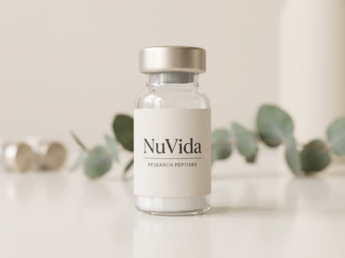 NuVida research vial among eucalyptus in soft daylight
